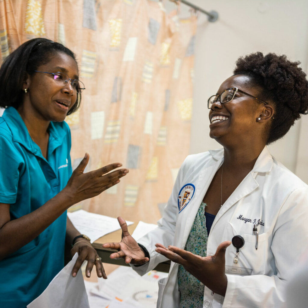 Scoliosis clinic participants engaging in conversation