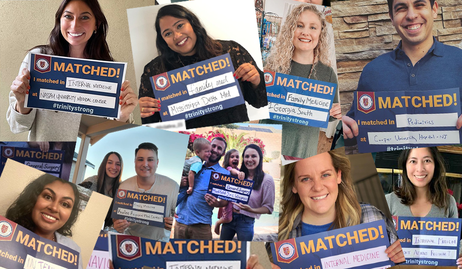 Collage of Trinity students holding up medical school match signs